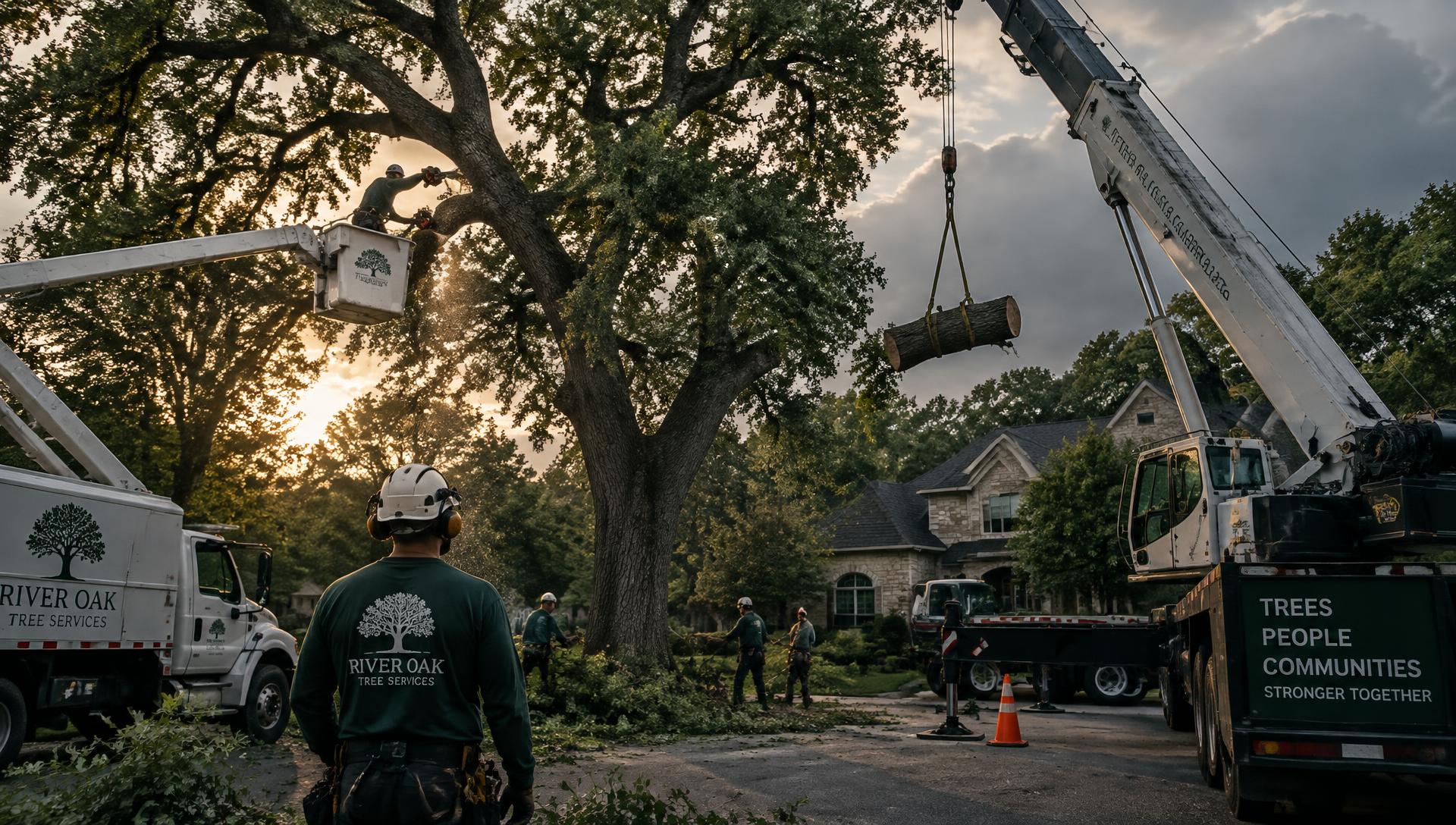 Tree service crew removing a large oak with a crane and bucket truck at sunset
