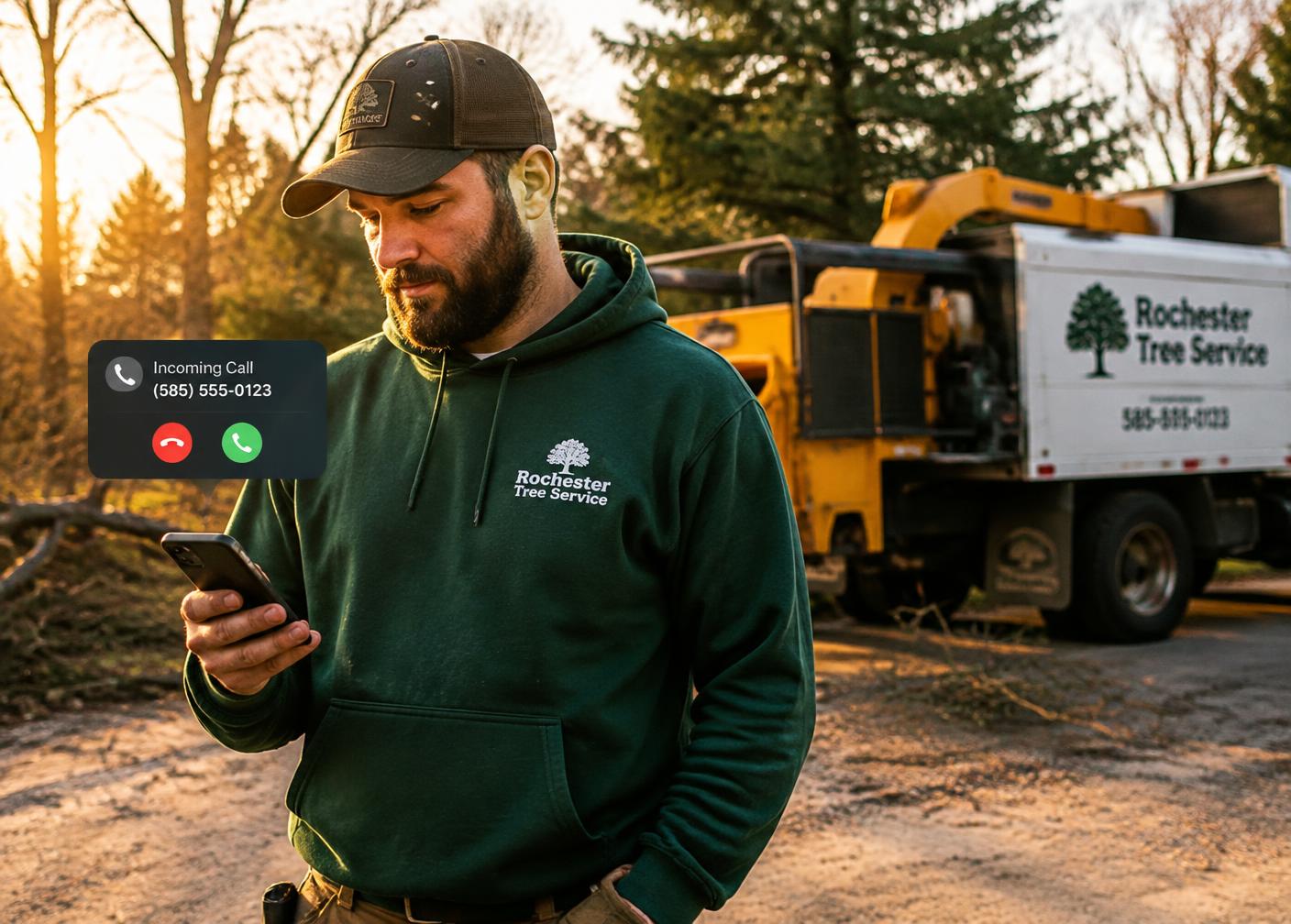 Tree service owner receiving a call next to a chipper truck