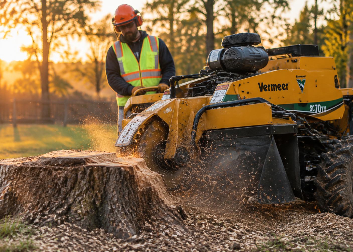 Stump grinder removing a large stump at golden hour